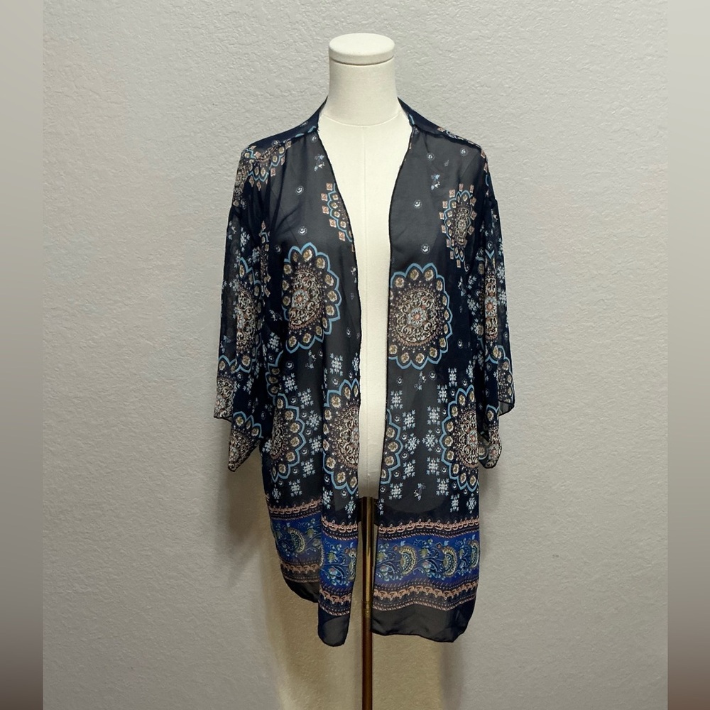 Navy Sheer Paisley Kimono Cardigan with Blue Accents